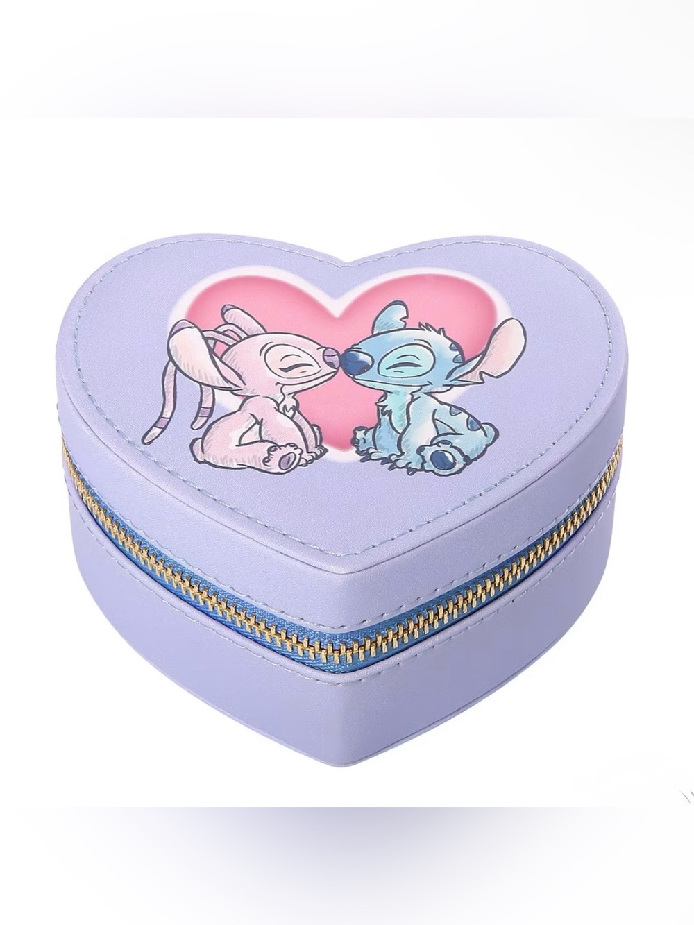 Disney Stitch & Angel Heart-Shaped Lavender Zippered Jewelry Case *NWT